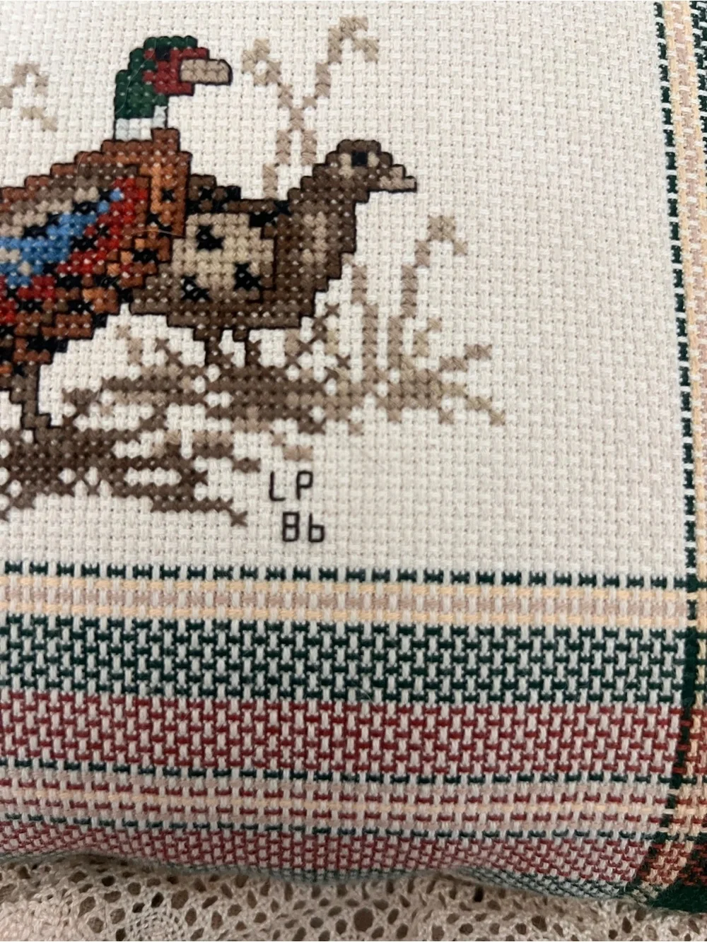 Vintage 90s Cross-Stitch Embroidered Pheasant Ruffle Pillow